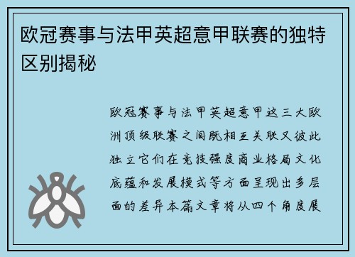 欧冠赛事与法甲英超意甲联赛的独特区别揭秘