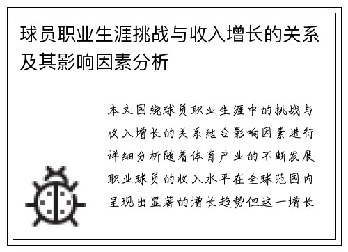 球员职业生涯挑战与收入增长的关系及其影响因素分析