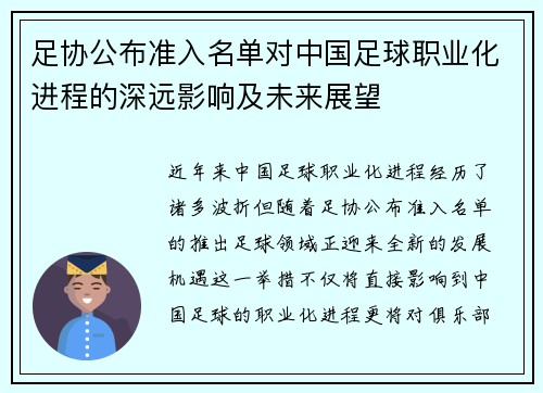 足协公布准入名单对中国足球职业化进程的深远影响及未来展望